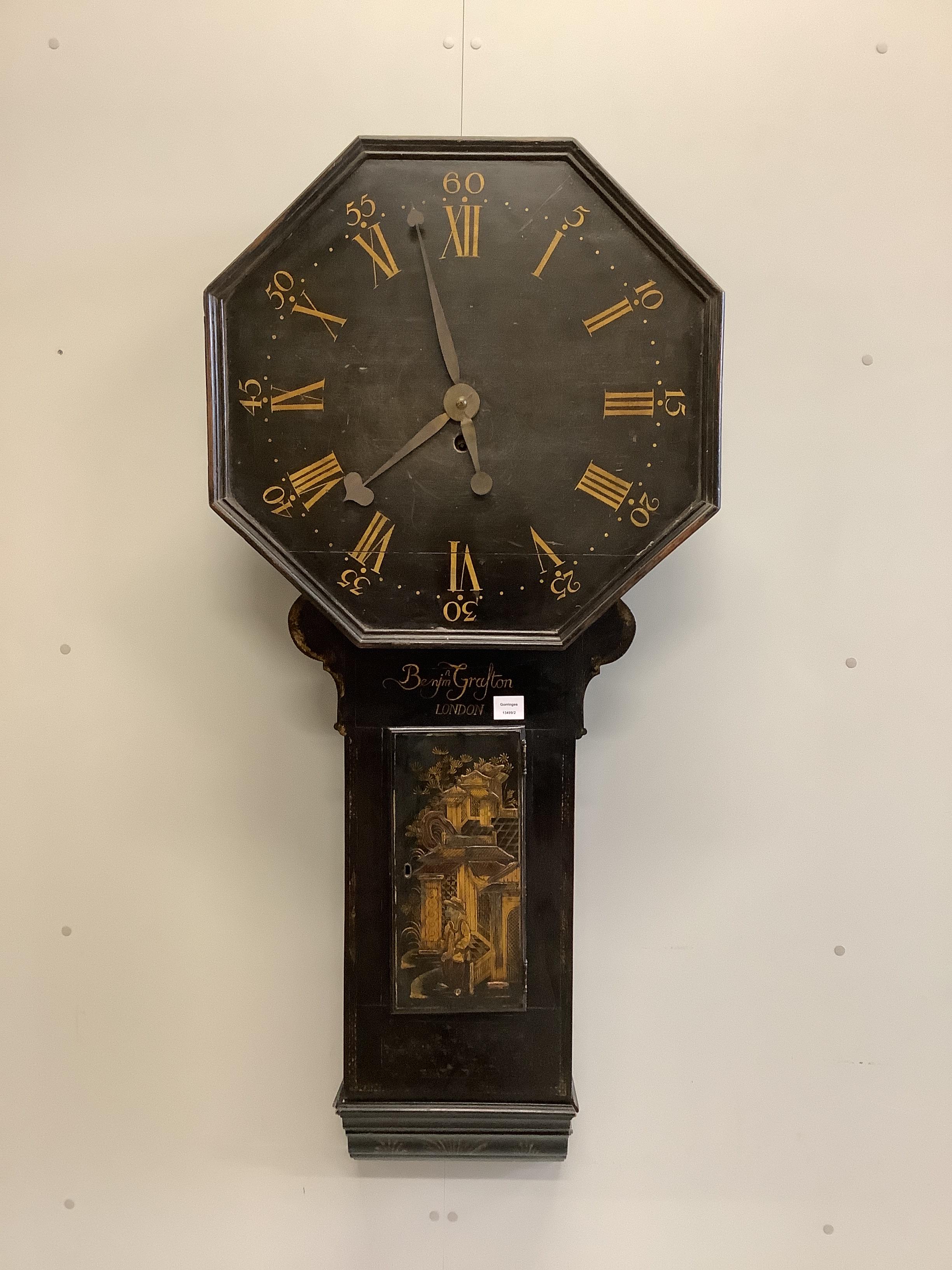 Benjamin Grafton, London, a chinoiserie lacquer tavern clock with octagonal dial, width 66cm, height 150cm